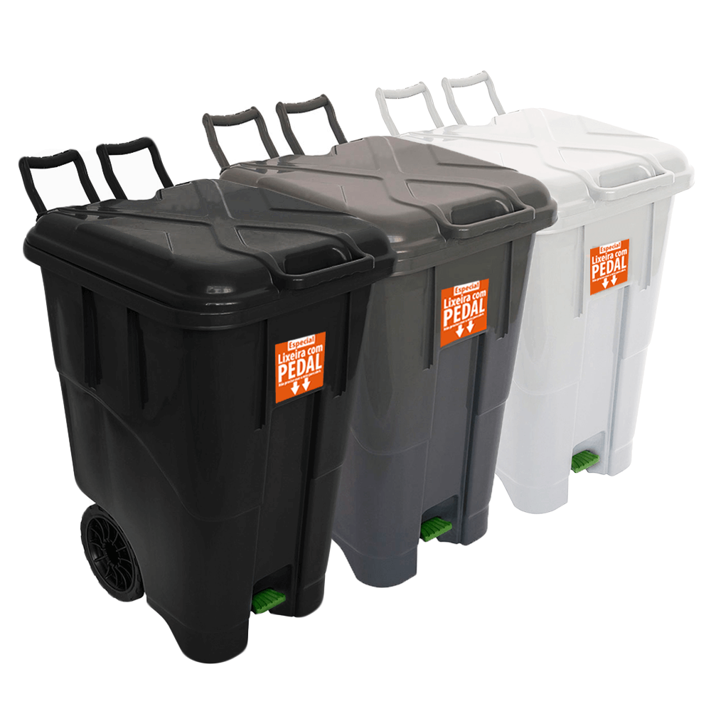 Lixeiras coletoras COM PEDAL 90 litros - preto cinza e branco
