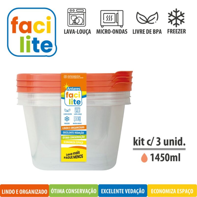 Kit Facilite de Potes Quadradros com 3 UNID de 1450ml