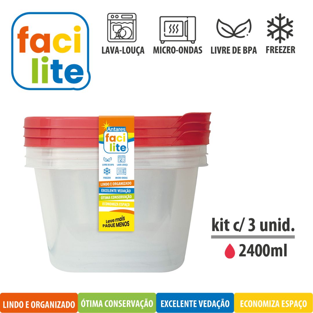 Kit Facilite de Potes Quadradros com 3 UNID de 2400ml
