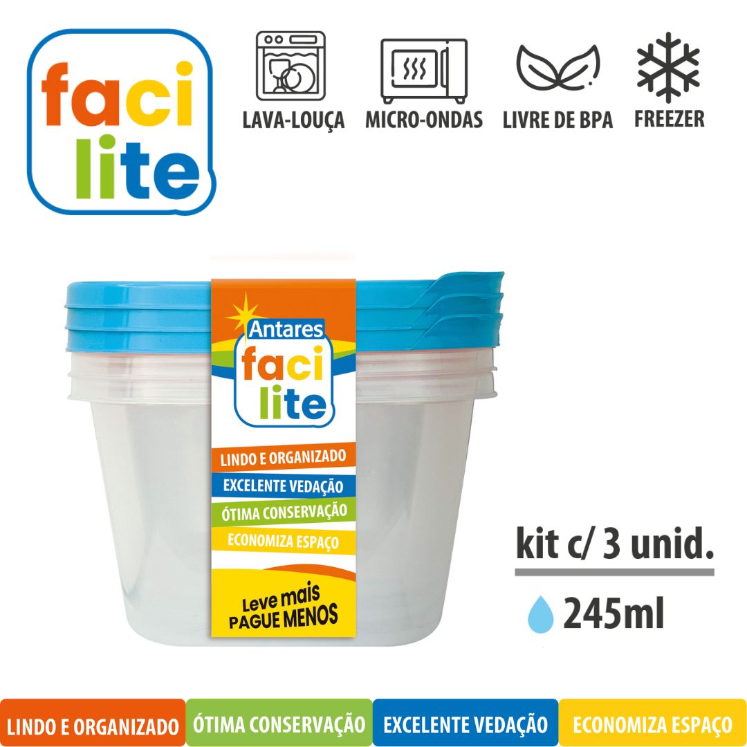 Kit Facilite de Potes Quadradros com 3 UNID de 245ml