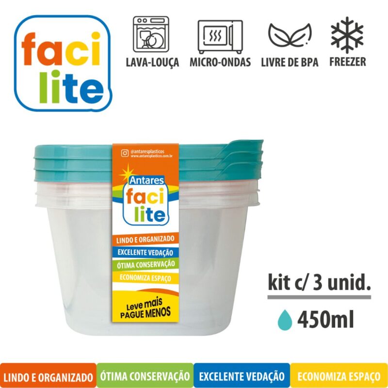 Kit Facilite de Potes Quadradros com 3 UNID de 450ml