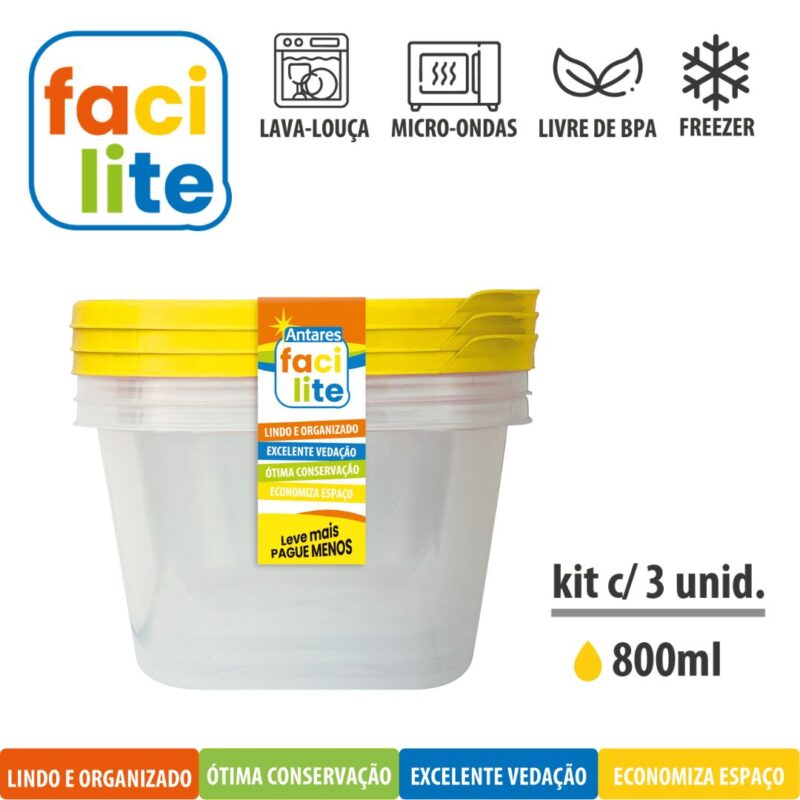 Kit Facilite de Potes Quadradros com 3 UNID de 800ml