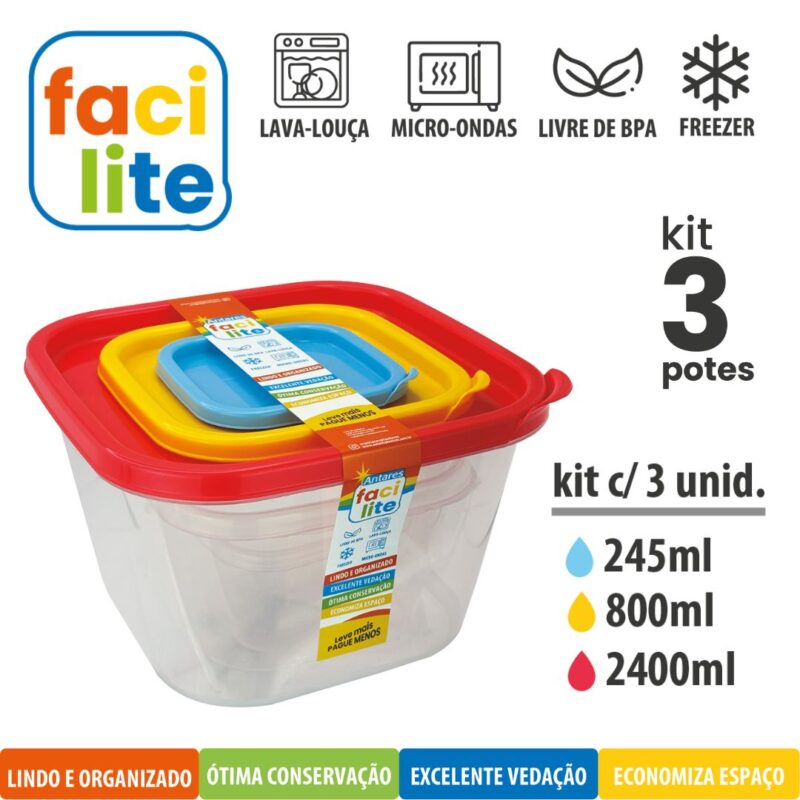 Kit Facilite de Potes Quadradros com 3 UNID