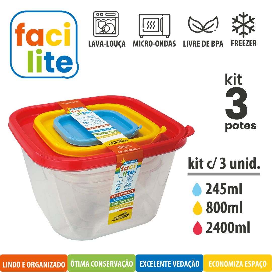 Kit Facilite de Potes Quadradros com 3 UNID
