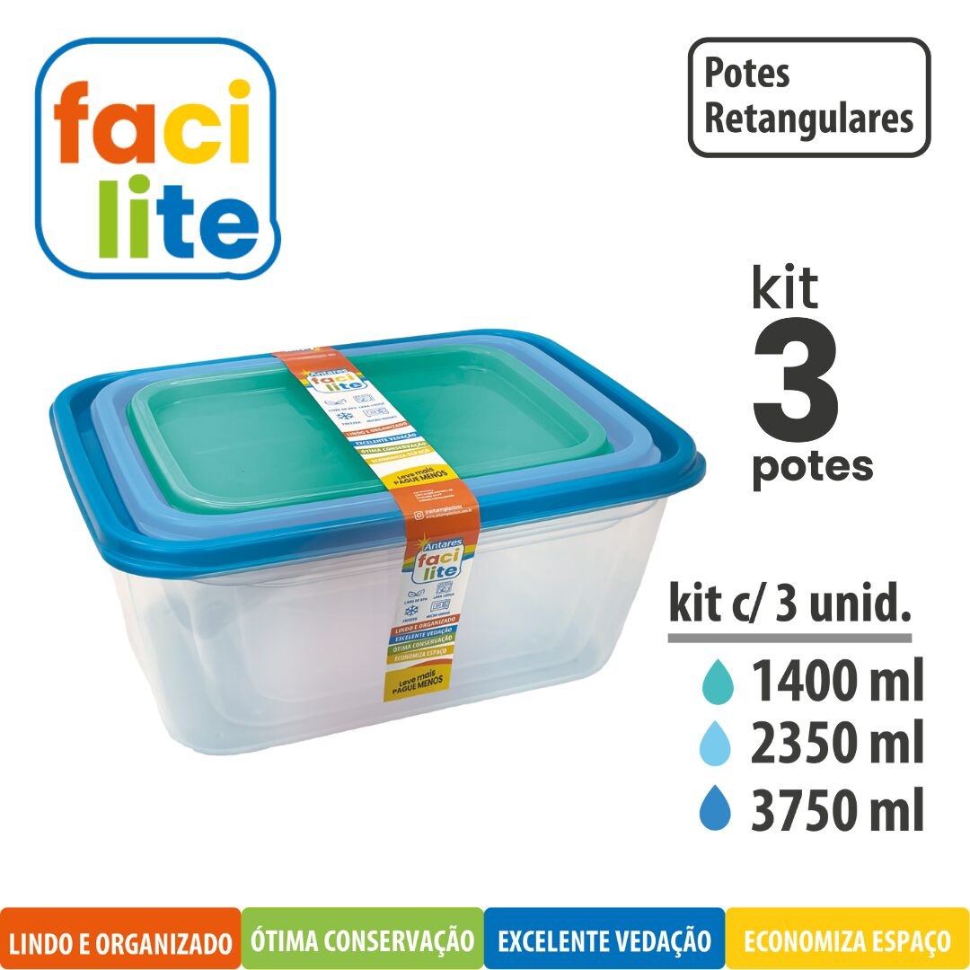 Kit Facilite de Potes Fundo Retangulares com 3 UNID de 2400ml