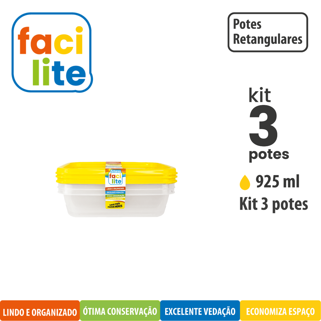 Kit Facilite de Potes Raso Retangulares -  com 3 UNID 925 ml
