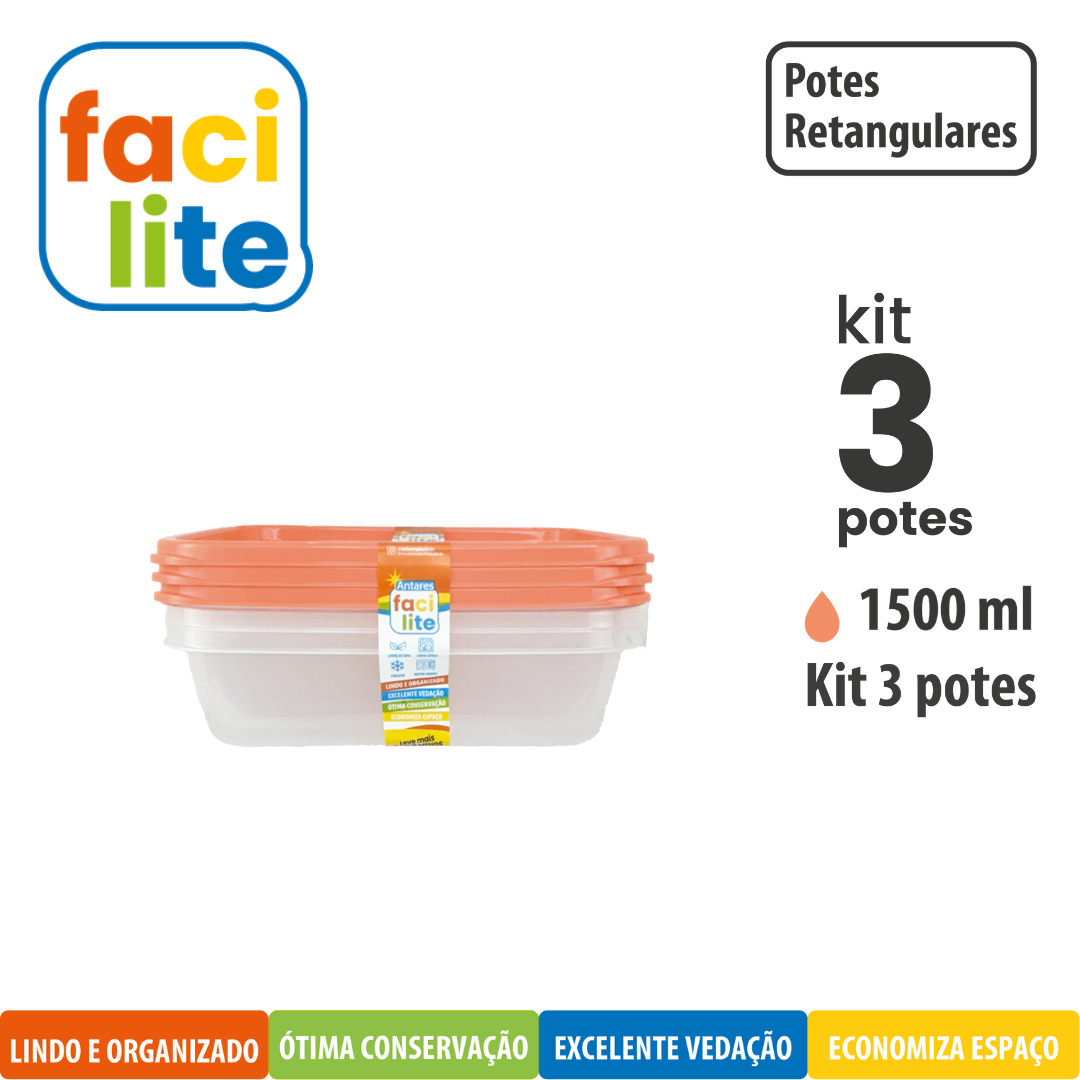 Kit Facilite de Potes Raso Retangulares -  com 3 UNID 1500 ml