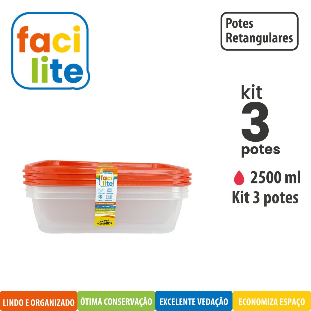 Kit Facilite de Potes Raso Retangulares - com 3 UNID 2500 ml