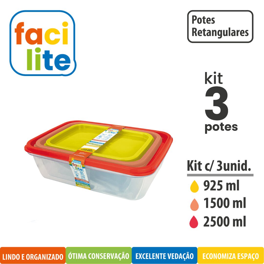 Kit Facilite de Potes Raso Retangulares - com 3 UNID