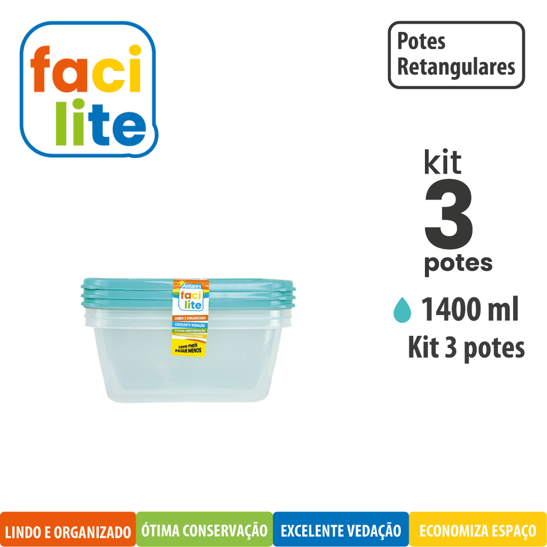 Kit Facilite de Potes Fundo Retangulares - com 3 UNID 1400ml