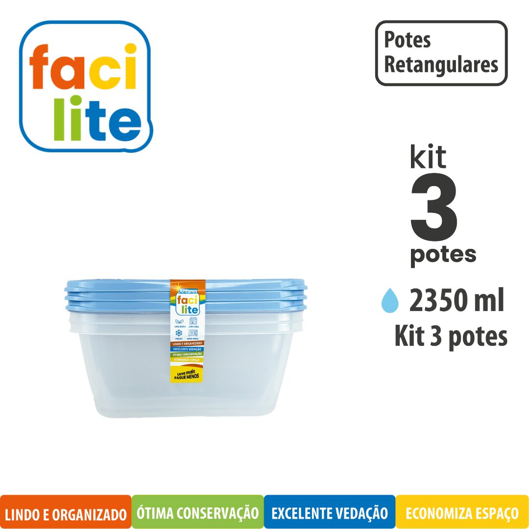 Kit Facilite de Potes Fundo Retangulares - com 3 UNID 2350ml