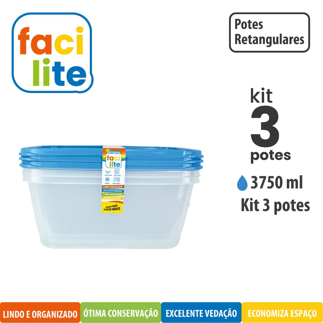 Kit Facilite de Potes Fundo Retangulares - com 3 UNID 3750ml