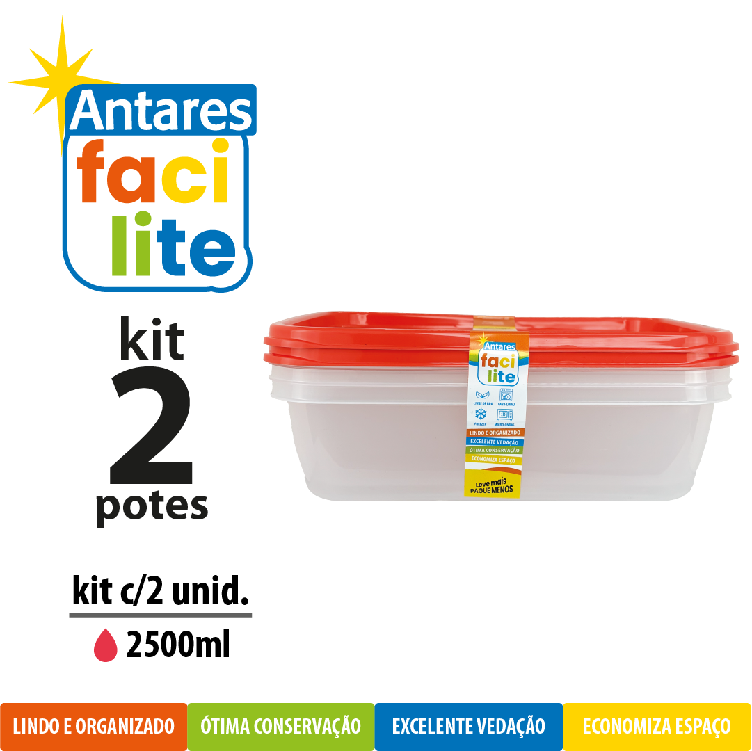 Kit Facilite de Potes Raso Retangulares com 2 UNID de 2500ml